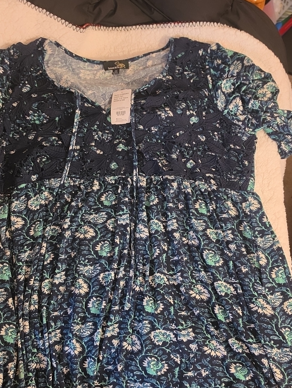 Nwt Suzanne Betro Navy and Teal Floral Crochet-Yoke Dress. 3x